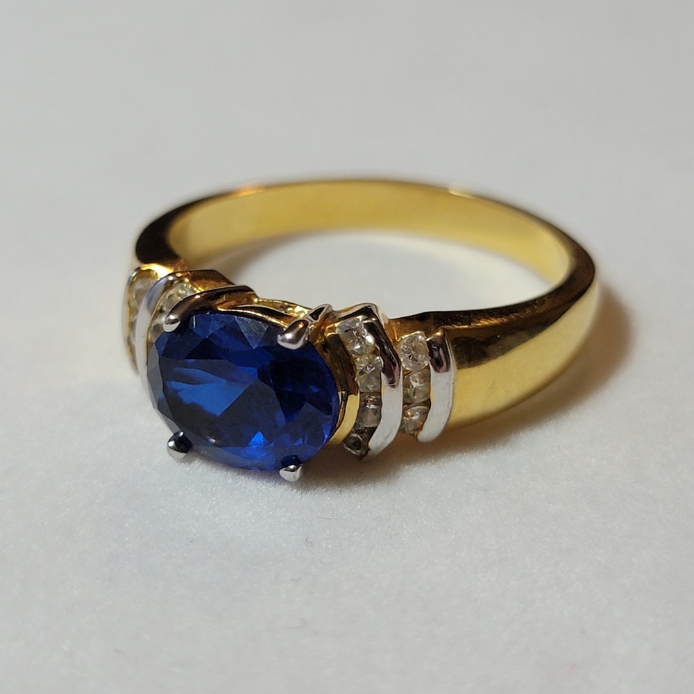 Oval Cut Blue Sapphire and Diamond Simulated Stone Ring Size 12.5 Gold Tone - Picture 8 of 10
